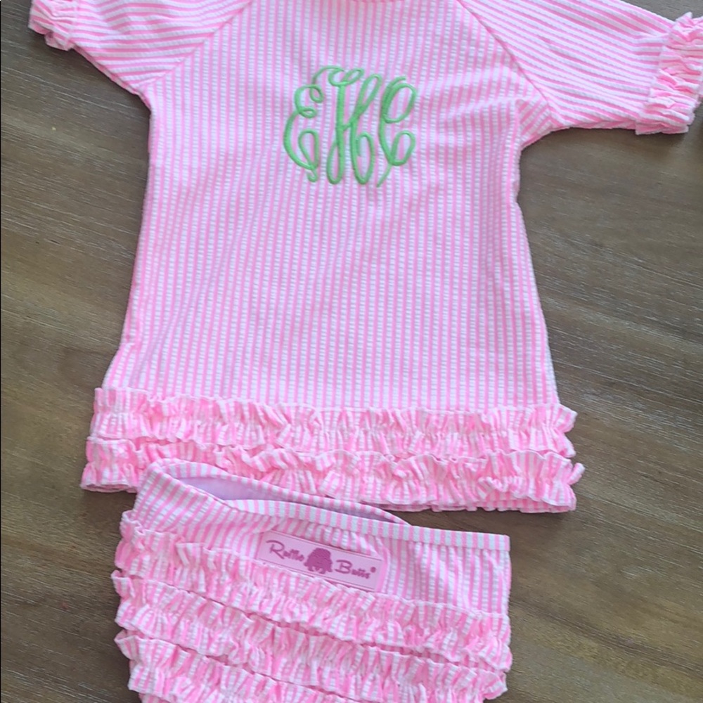 eHc Monogrammed Seersucker Ruffle Butts Swimsuit